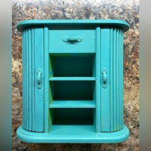 🛑 SOLD Turquoise Shabby Chic Wooden Jewelry Box Armoire Tabletop Keepsake